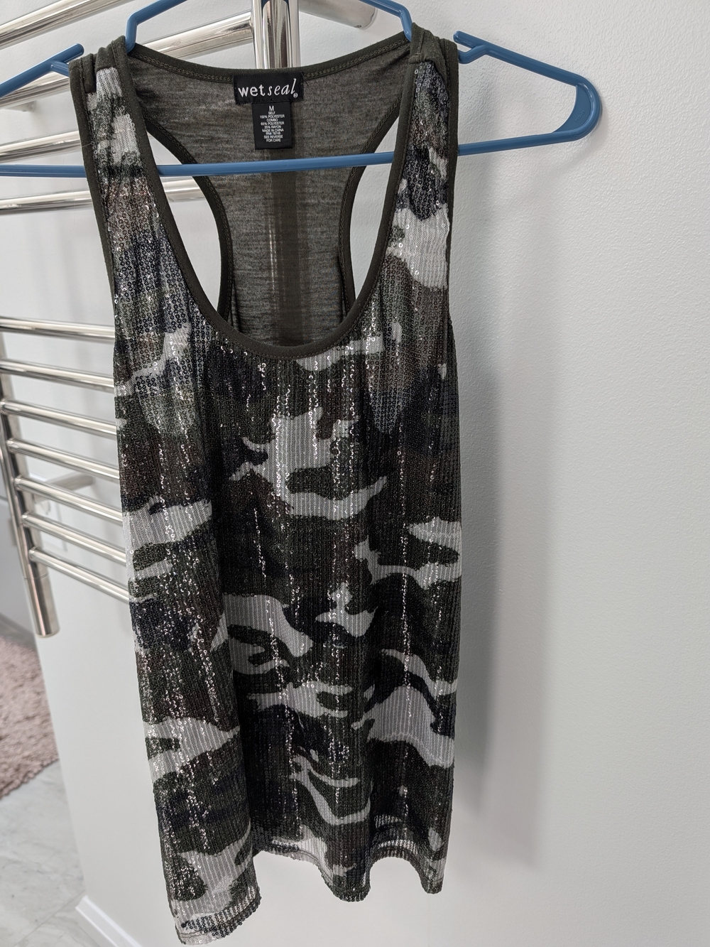 Wet Seal Sequined Olive Navy blue Camo Racerback Tank